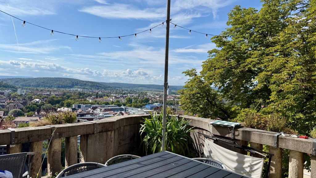 Blick vom Balkon über die Dächer hinunter ins Neckartal