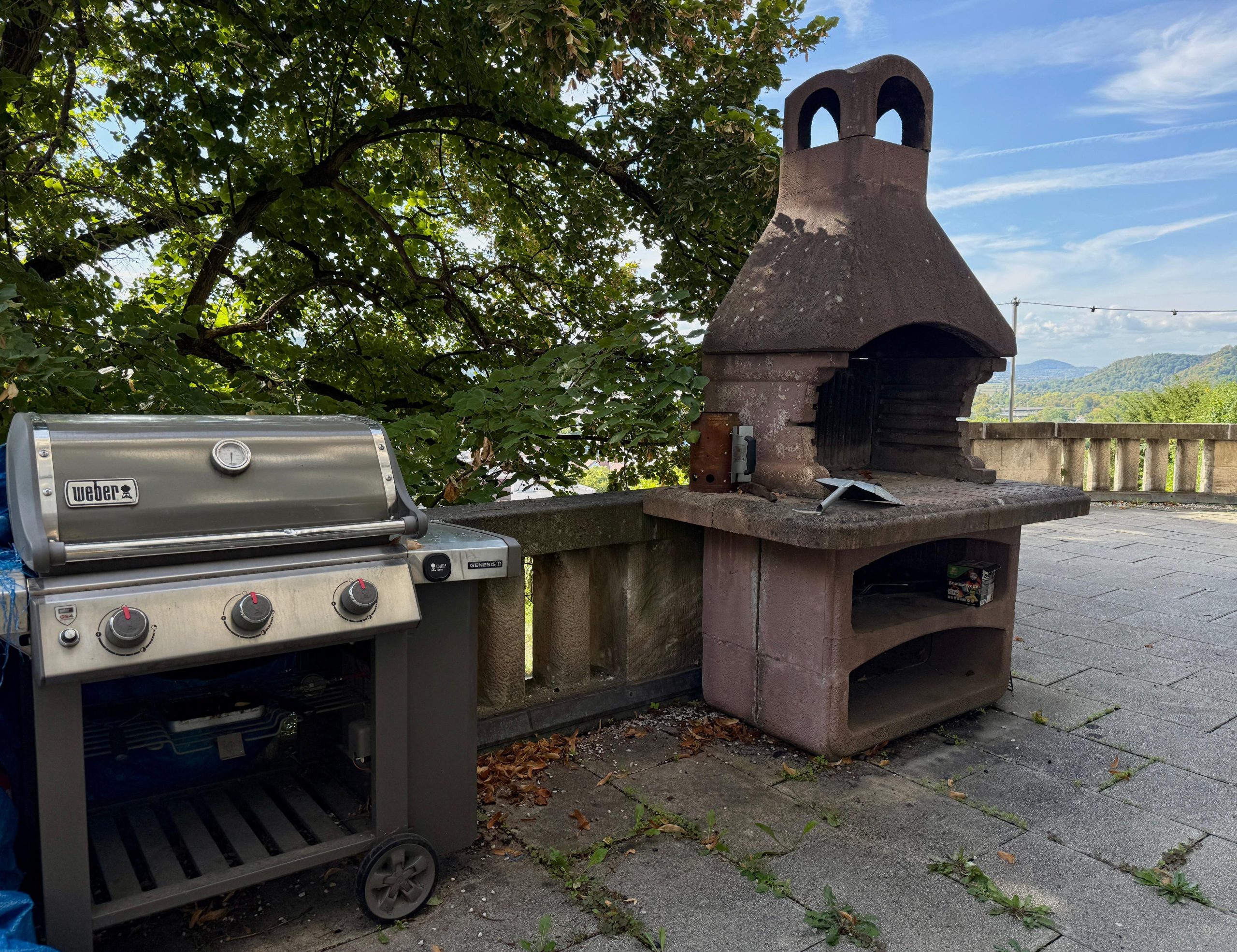 Gasgrill und gemauerter Grillkamin auf der Terrasse